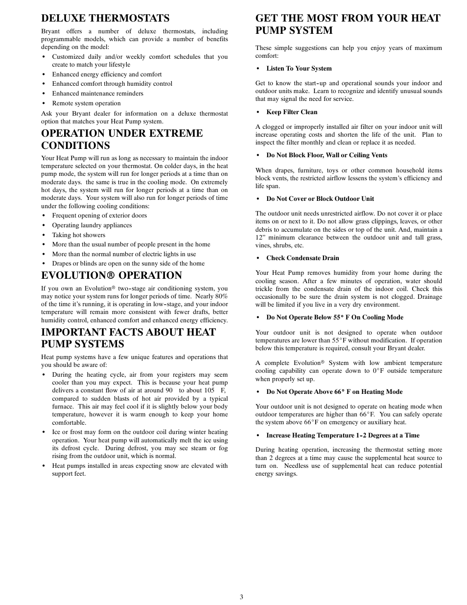 Deluxe thermostats, Operation under extreme conditions, Evolution r operation | Important facts about heat pump systems, Get the most from your heat pump system | Bryant Central Air Conditioning System User Manual | Page 3 / 6