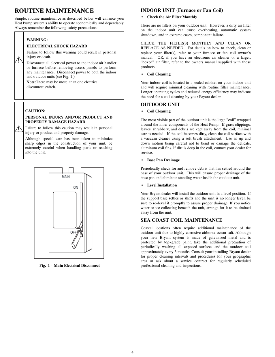 Routine maintenance, Indoor unit (furnace or fan coil), Outdoor unit | Sea coast coil maintenance | Bryant Central Air Conditioning System User Manual | Page 4 / 6