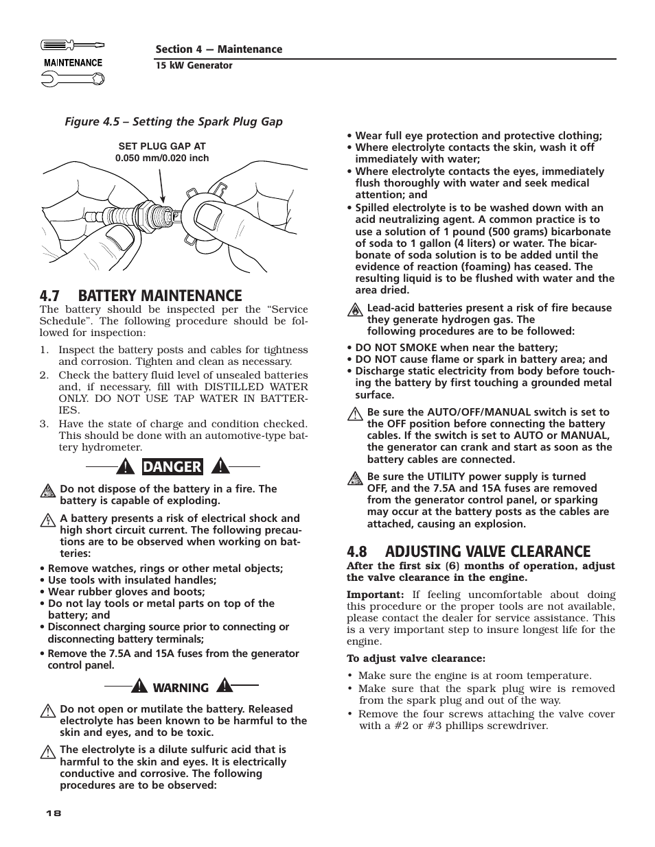 7 battery maintenance, 8 adjusting valve clearance, Danger | Bryant ASPAX1BBA015 User Manual | Page 20 / 44