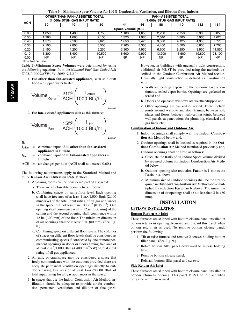 Volume, 21ft, Ach i | 1000 btu/hr, 15ft, Installation | Bryant 312AAV/JAV User Manual | Page 10 / 56