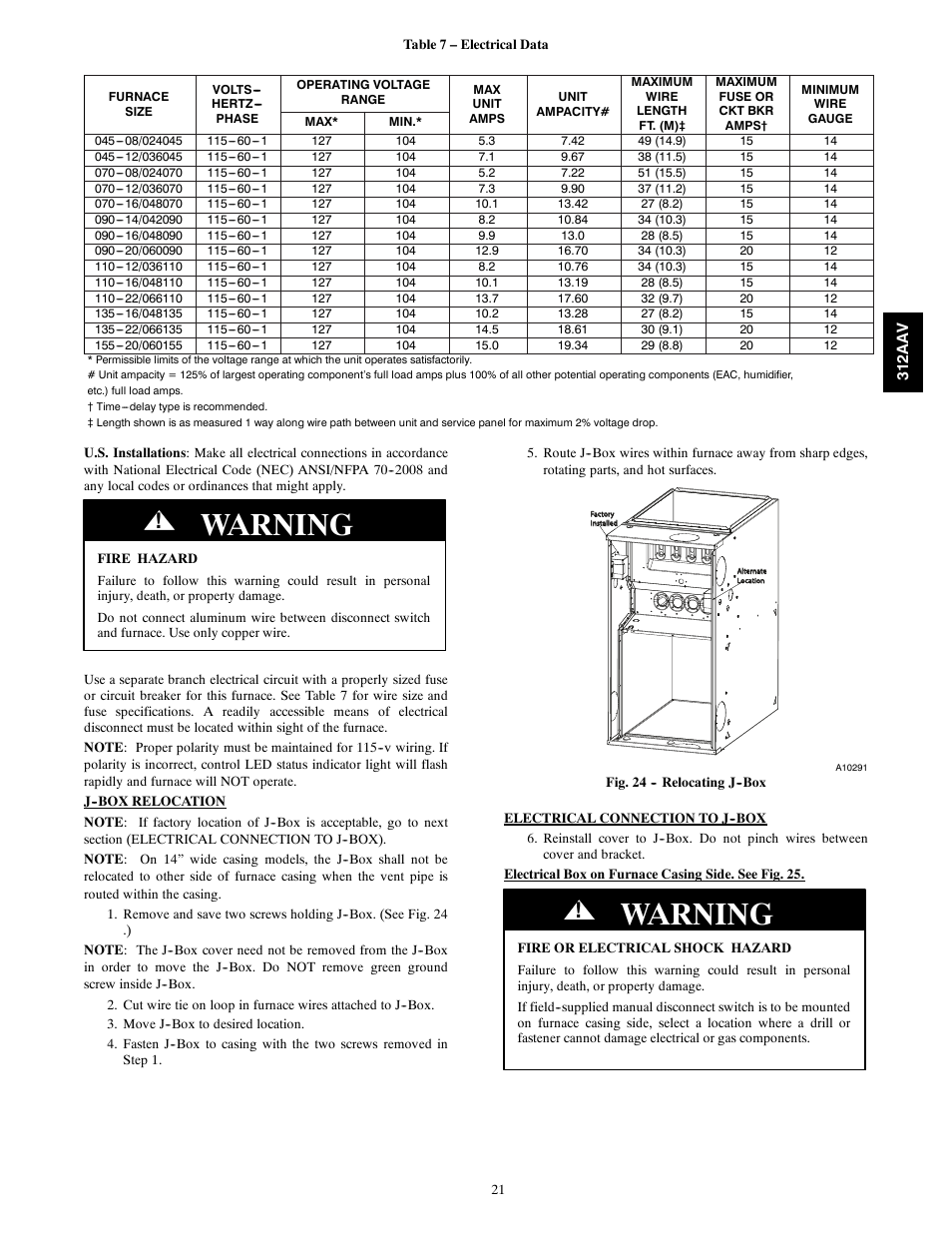 Warning | Bryant 312AAV/JAV User Manual | Page 21 / 56