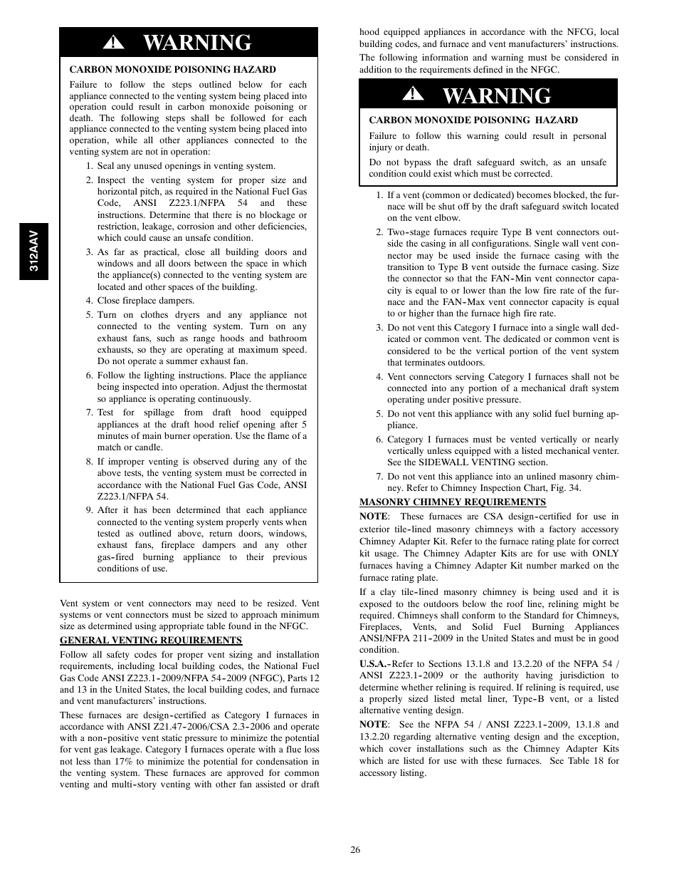 Warning | Bryant 312AAV/JAV User Manual | Page 26 / 56