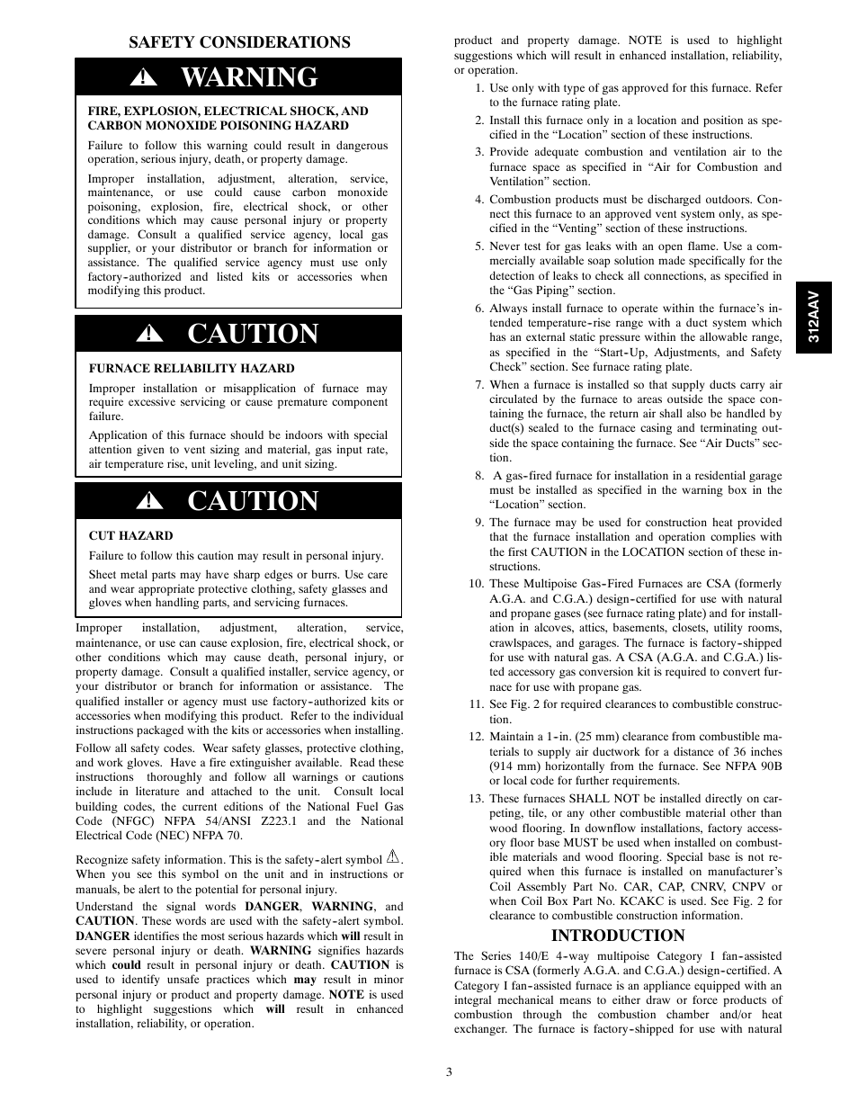 Warning, Caution, Safety considerations | Introduction | Bryant 312AAV/JAV User Manual | Page 3 / 56