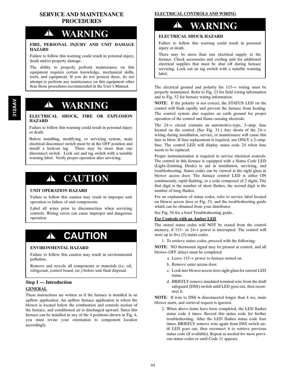 Warning, Caution | Bryant 312AAV/JAV User Manual | Page 44 / 56