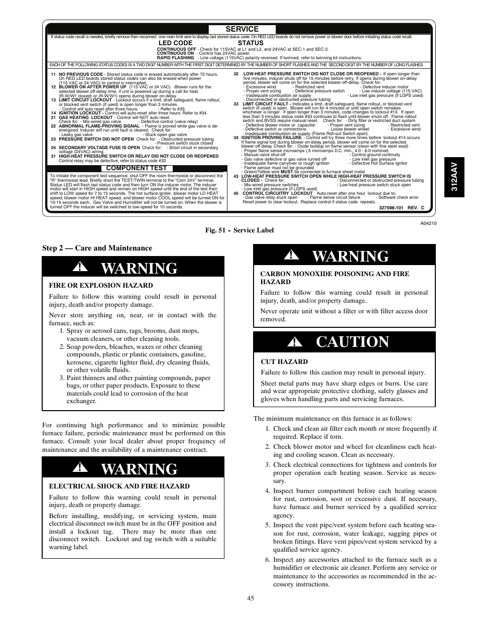 Warning, Caution | Bryant 312AAV/JAV User Manual | Page 45 / 56