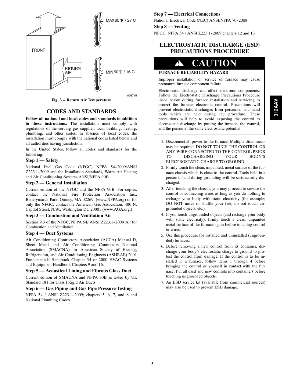 Caution, Codes and standards | Bryant 312AAV/JAV User Manual | Page 5 / 56