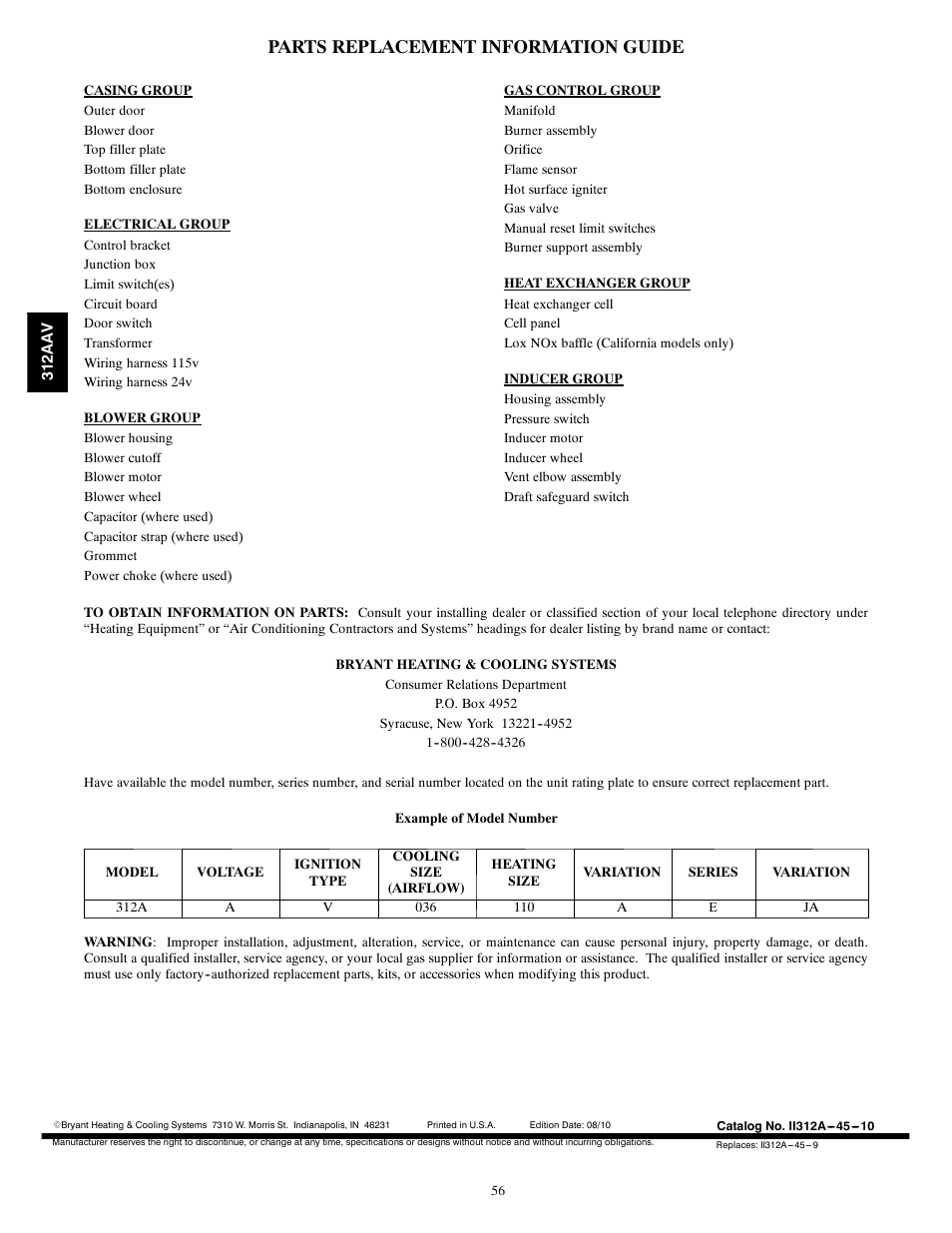 Parts replacement information guide | Bryant 312AAV/JAV User Manual | Page 56 / 56