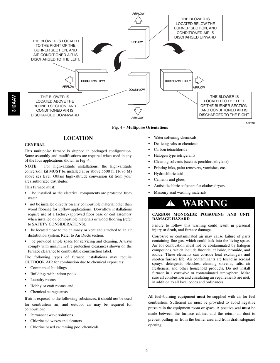 Warning, Location | Bryant 312AAV/JAV User Manual | Page 6 / 56