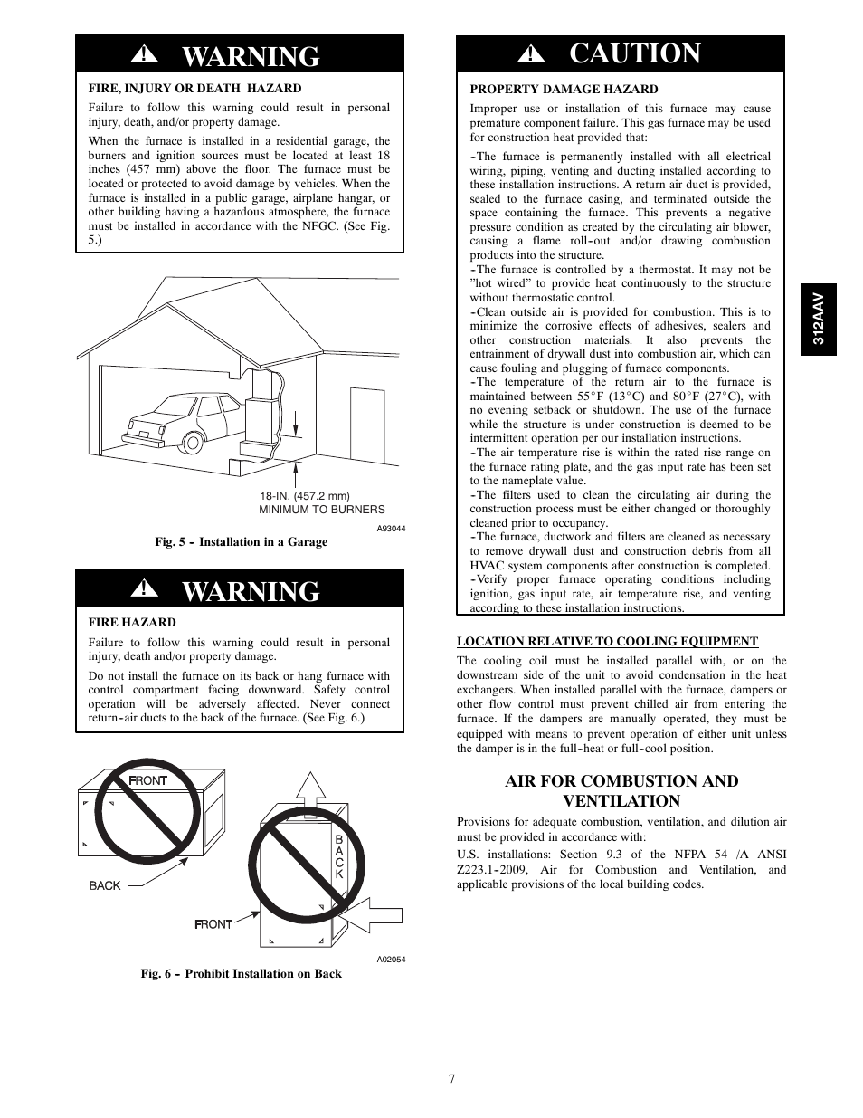 Warning, Caution, Air for combustion and ventilation | Bryant 312AAV/JAV User Manual | Page 7 / 56