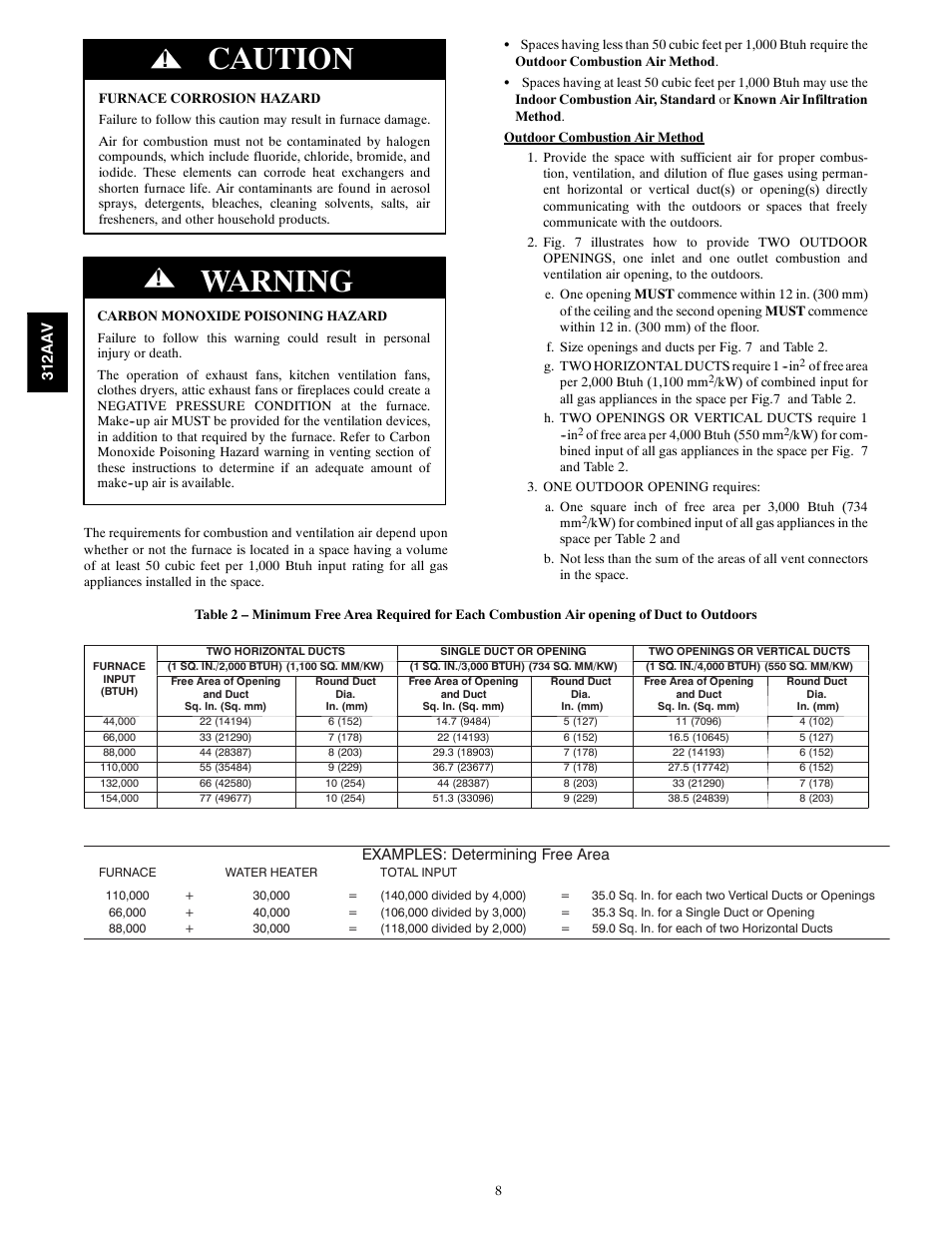 Caution, Warning | Bryant 312AAV/JAV User Manual | Page 8 / 56