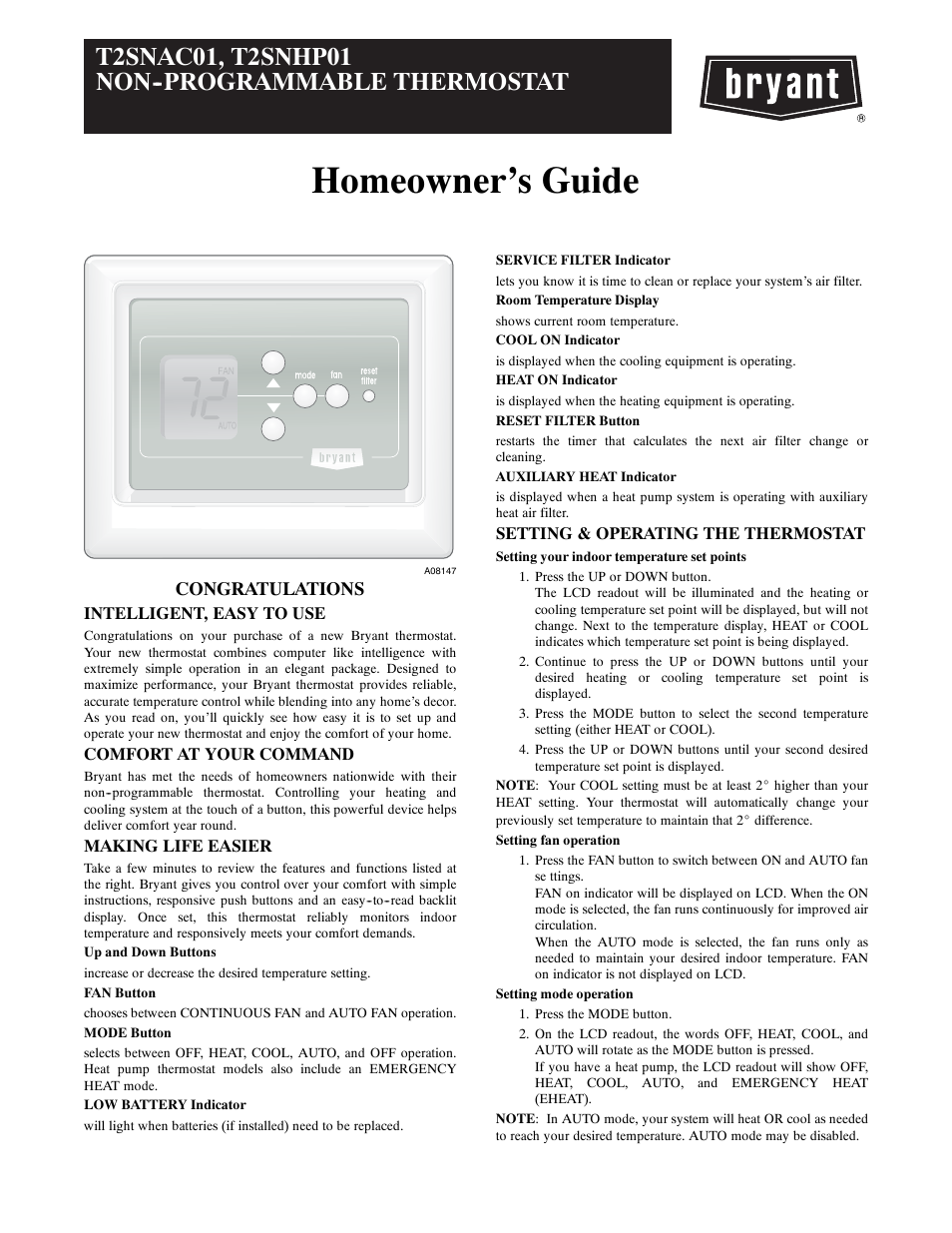 Homeowner’s guide | Bryant T2SNAC01 User Manual | Page 9 / 10