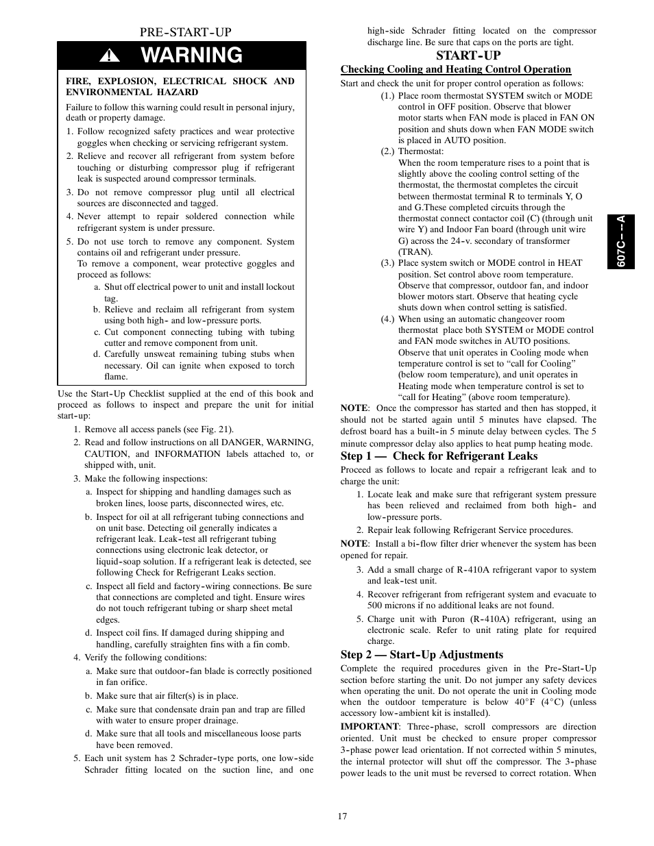 Warning, Pre--start--up, Start--up | Bryant 607C-A User Manual | Page 17 / 50