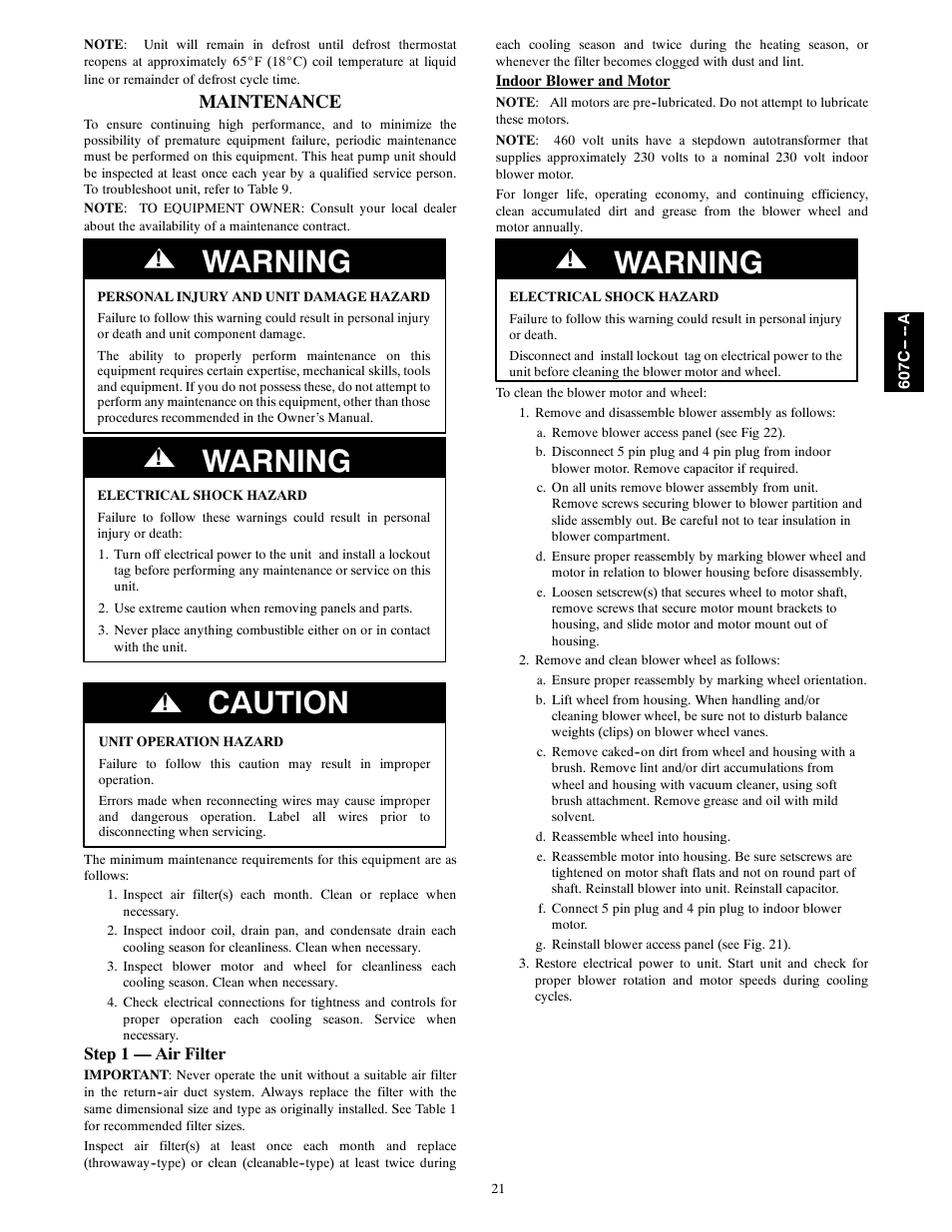 Warning, Caution, Maintenance | Bryant 607C-A User Manual | Page 21 / 50