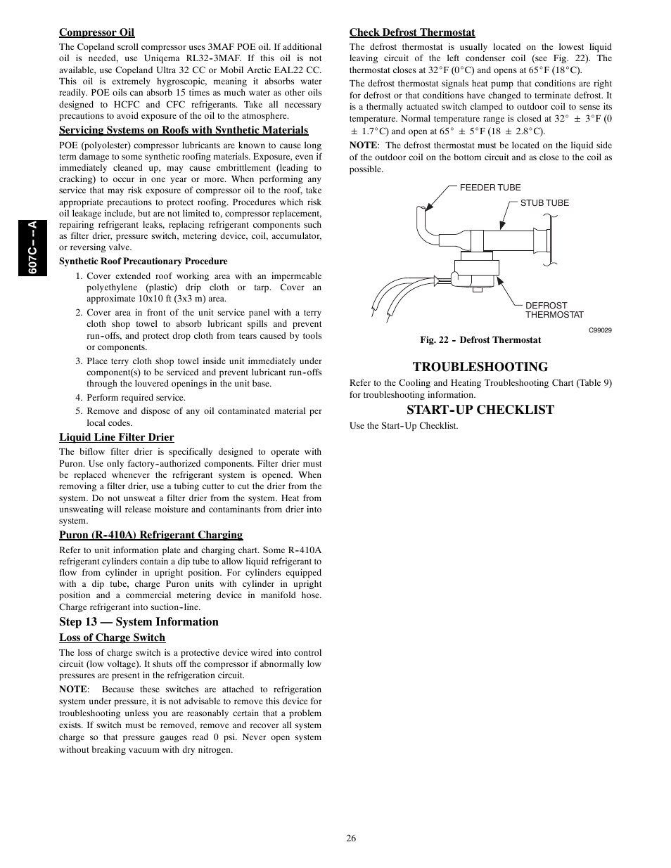 Troubleshooting, Start--up checklist, Step 13 — system information | Bryant 607C-A User Manual | Page 26 / 50