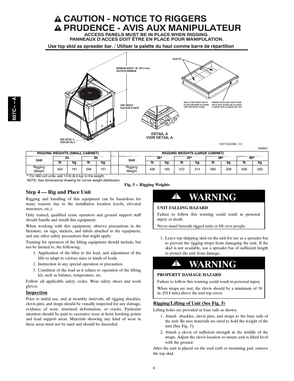 Warning, Step 4 — rig and place unit | Bryant 607C-A User Manual | Page 6 / 50