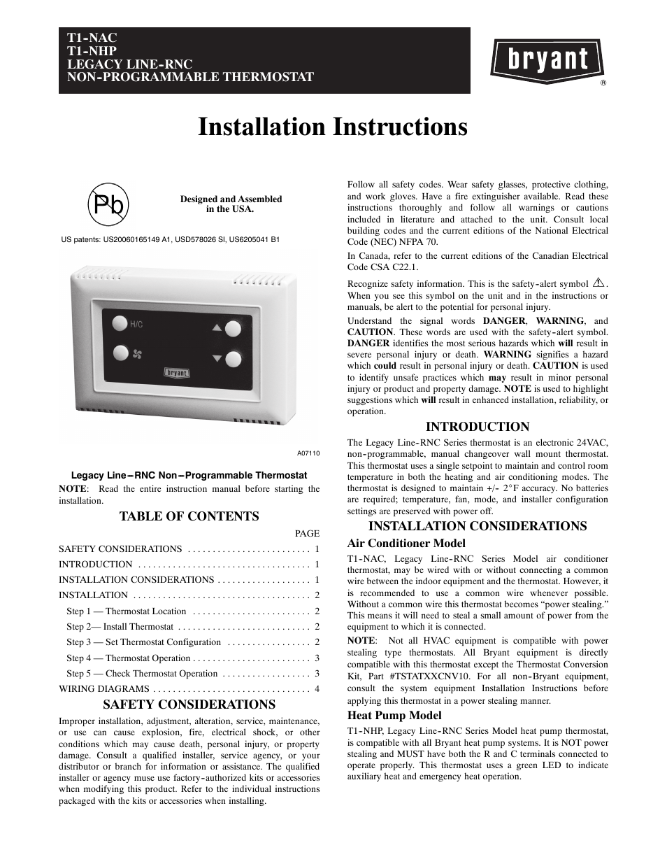 Bryant Legecy Line-RNC Non-Programmable T1-NAC User Manual | 8 pages