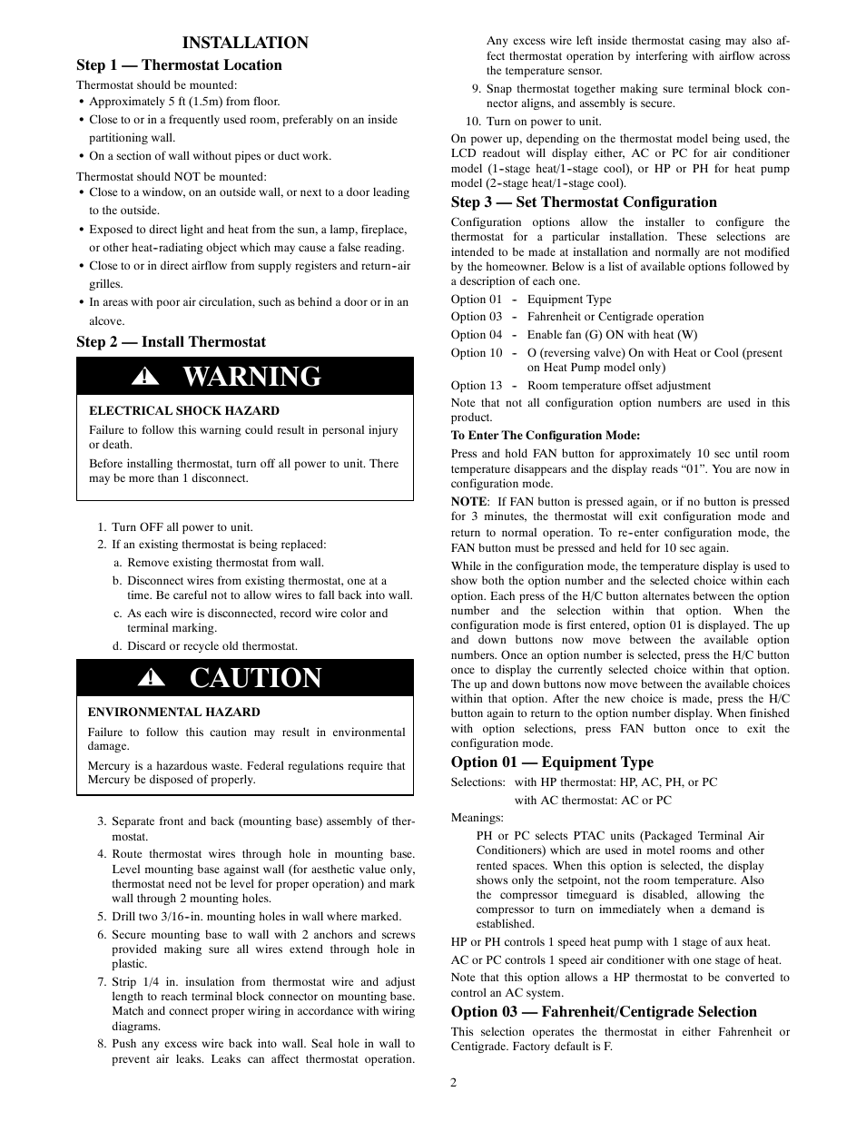 Warning, Caution, Installation | Bryant Legecy Line-RNC Non-Programmable T1-NAC User Manual | Page 2 / 8