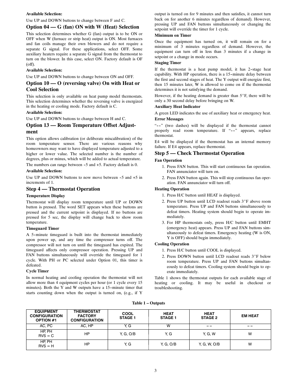 Option 04 — g (fan) on with w (heat) selection, Option 13 — room temperature offset adjust- ment, Step 4 — thermostat operation | Step 5 — check thermostat operation | Bryant Legecy Line-RNC Non-Programmable T1-NAC User Manual | Page 3 / 8