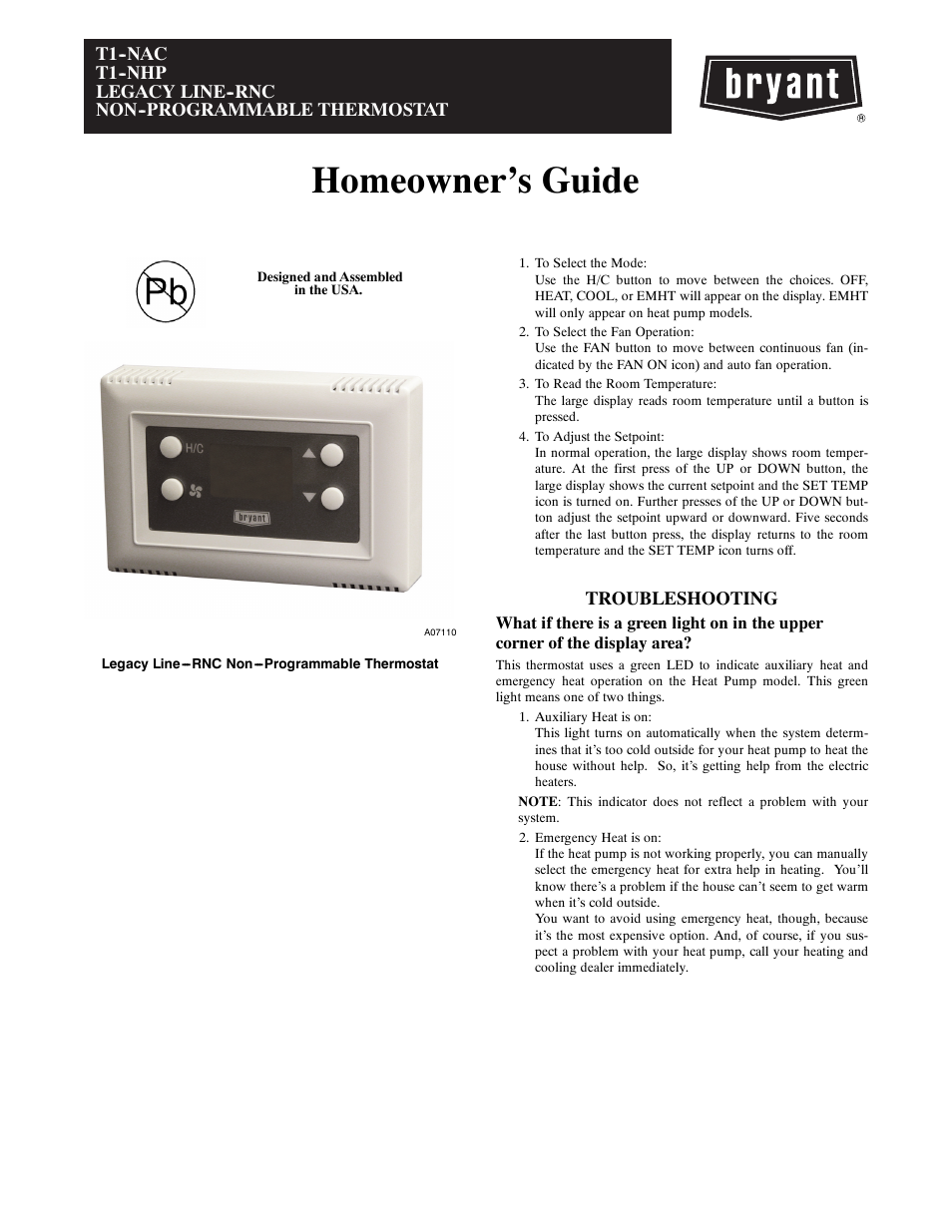 Homeowner’s guide, Troubleshooting | Bryant Legecy Line-RNC Non-Programmable T1-NAC User Manual | Page 5 / 8