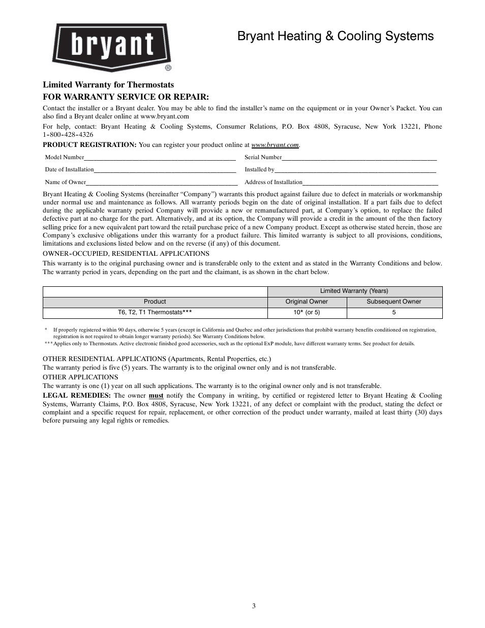 Bryant heating & cooling systems | Bryant Legecy Line-RNC Non-Programmable T1-NAC User Manual | Page 7 / 8