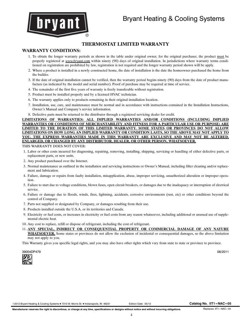 Bryant heating & cooling systems, Thermostat limited warranty, Warranty conditions | Bryant Legecy Line-RNC Non-Programmable T1-NAC User Manual | Page 8 / 8
