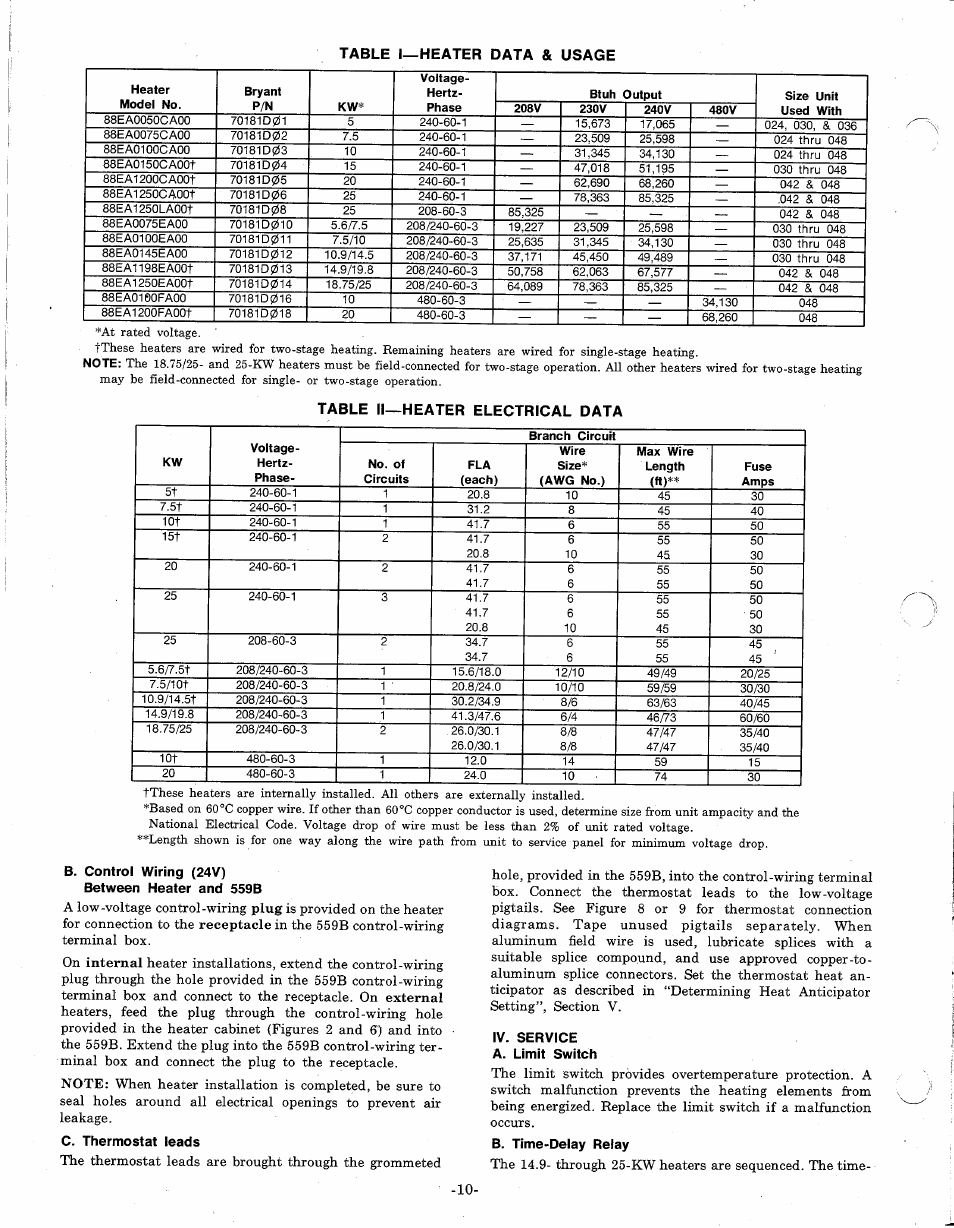 Table ii—heater electrical data, B. control wiring (24v), C. thermostat leads | Iv. service | Bryant 559B User Manual | Page 10 / 12