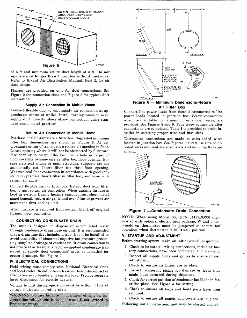 Return air connection in mobile home, Iii. connecting condensate drain, Iv. electrical connections | Rgure 7 —condensate drain connection, V. startup and adjustment | Bryant 559B User Manual | Page 4 / 12