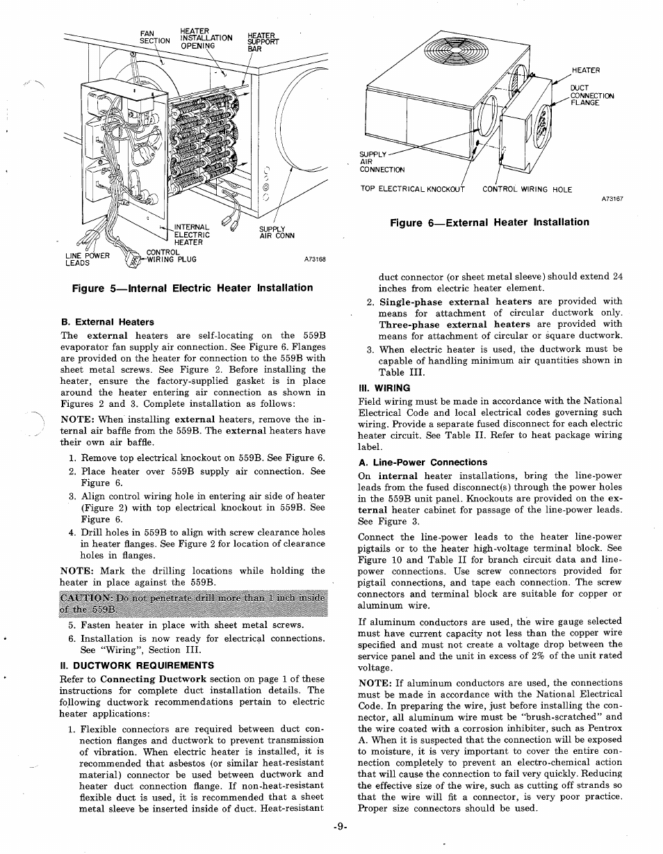 B. external heaters, Ii. ductwork requirements, Iii. wiring | A. line-power connections | Bryant 559B User Manual | Page 9 / 12