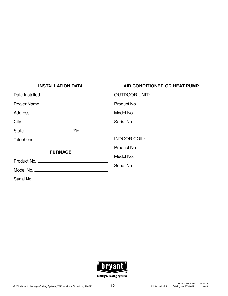 Bryant 340MAV User Manual | Page 12 / 12