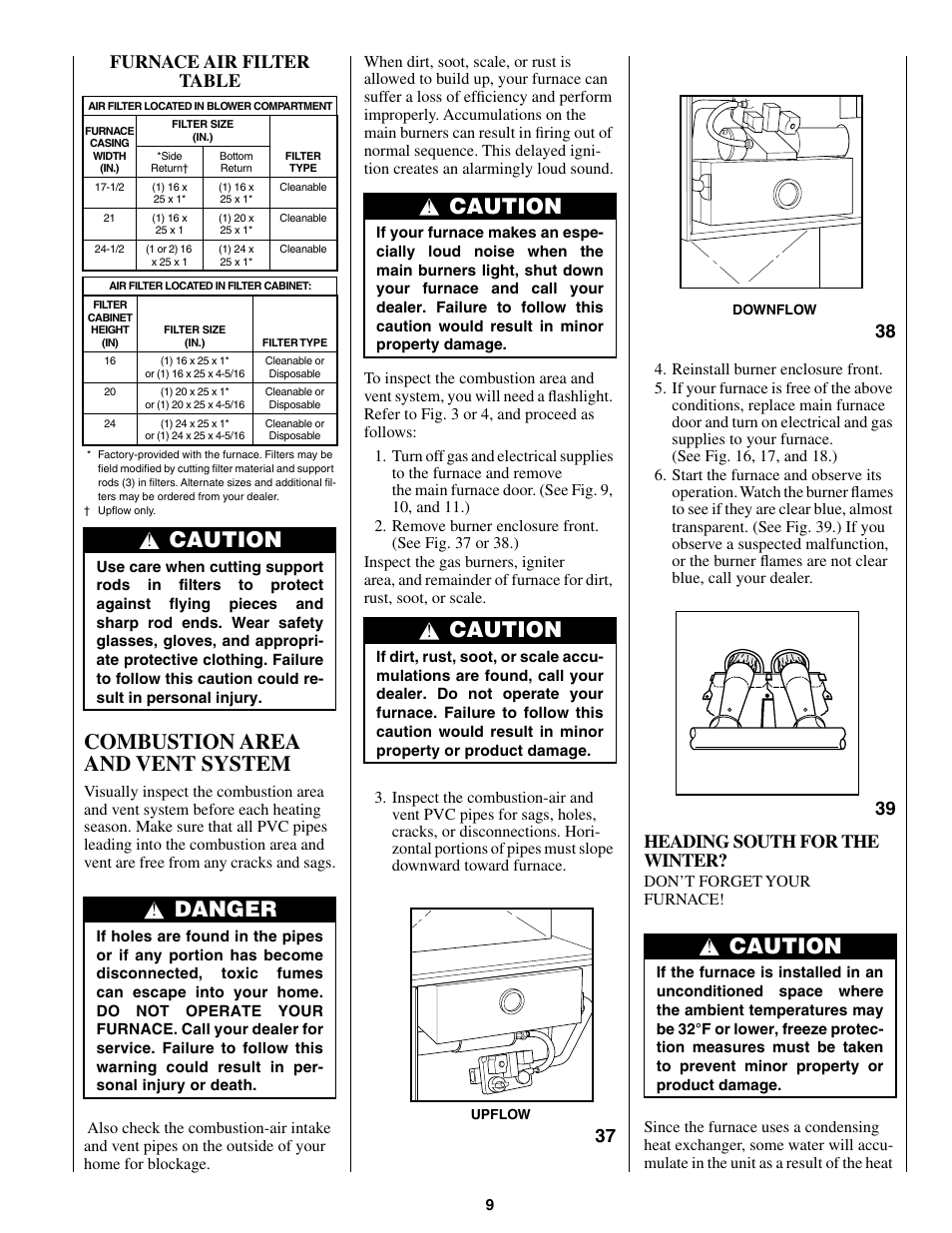 Combustion area and vent system, Caution, Danger | Furnace air filter table, 39 heading south for the winter | Bryant 340MAV User Manual | Page 9 / 12