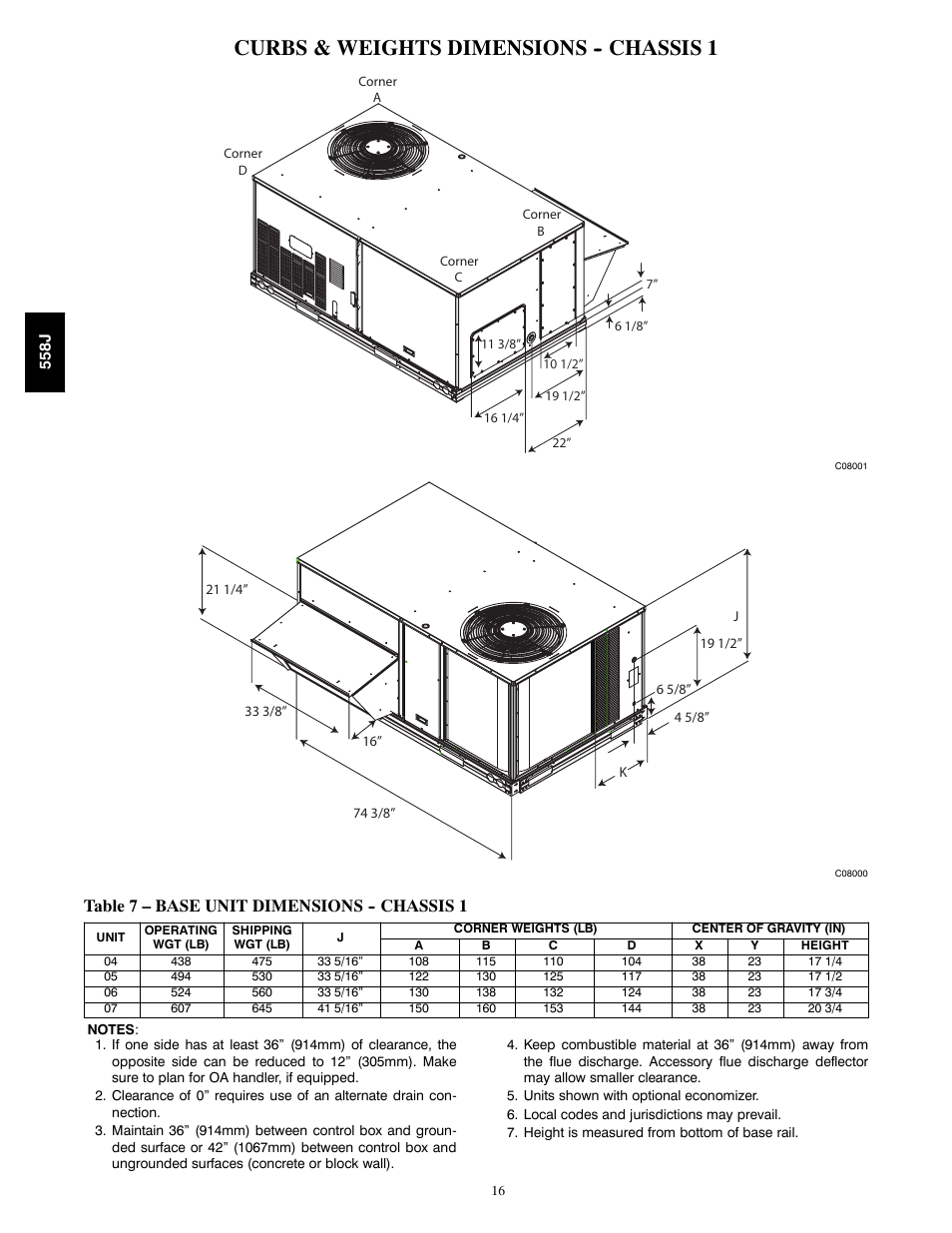 Curbs & weights dimensions -- chassis 1, Table 7 – base unit dimensions -- chassis 1 | Bryant LEGACY 558J User Manual | Page 16 / 55