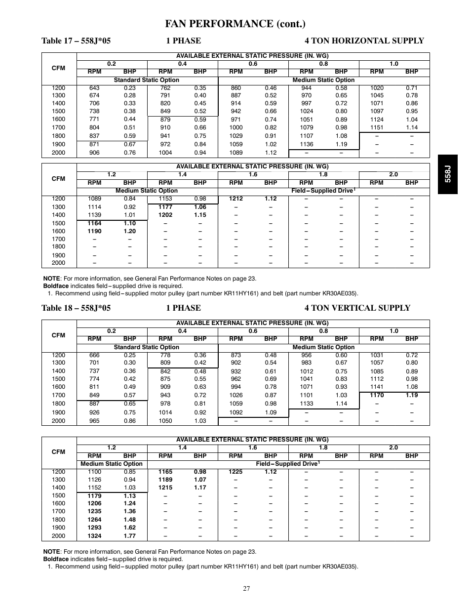 Fan performance (cont.) | Bryant LEGACY 558J User Manual | Page 27 / 55