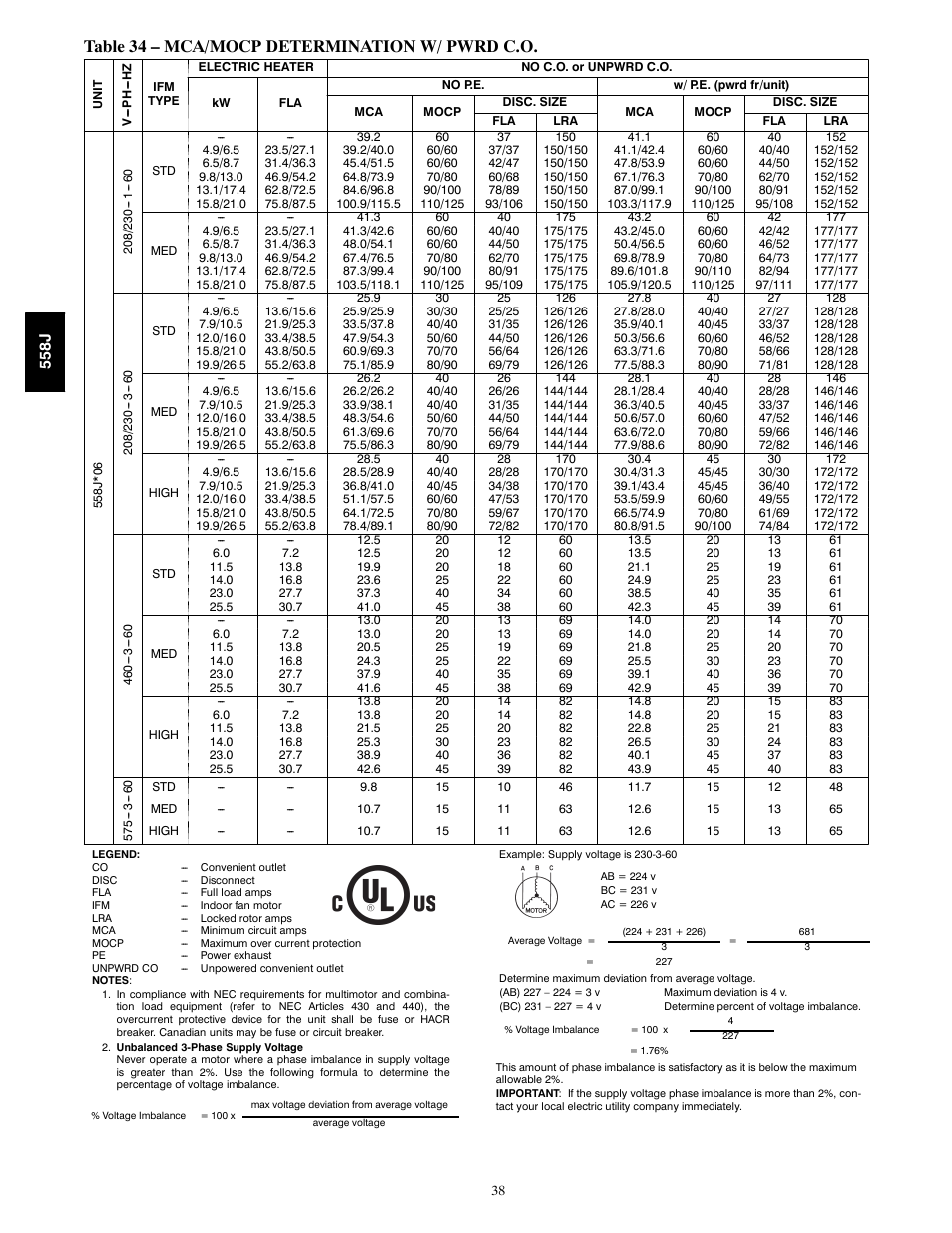 Table 34 – mca/mocp determination w/ pwrd c.o | Bryant LEGACY 558J User Manual | Page 38 / 55