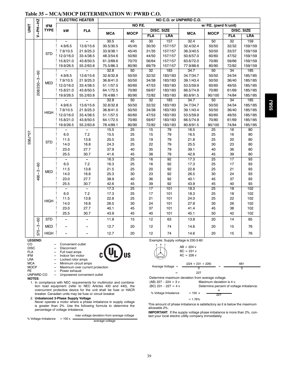 Table 35 – mca/mocp determination w/ pwrd c.o | Bryant LEGACY 558J User Manual | Page 39 / 55