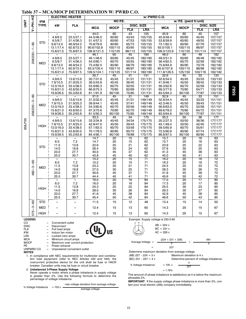 Table 37 – mca/mocp determination w/ pwrd c.o | Bryant LEGACY 558J User Manual | Page 41 / 55