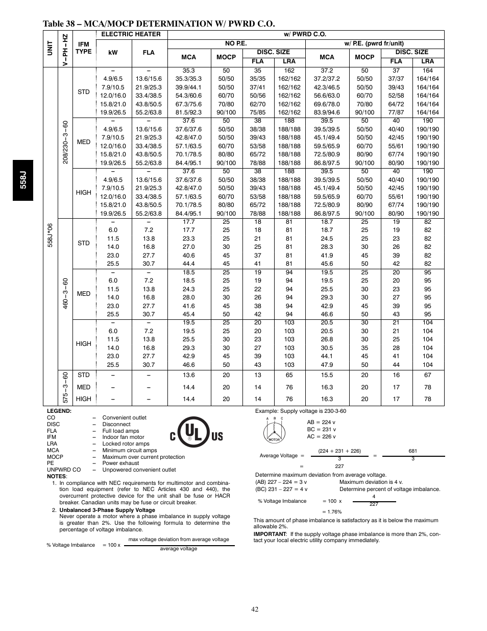 Table 38 – mca/mocp determination w/ pwrd c.o | Bryant LEGACY 558J User Manual | Page 42 / 55