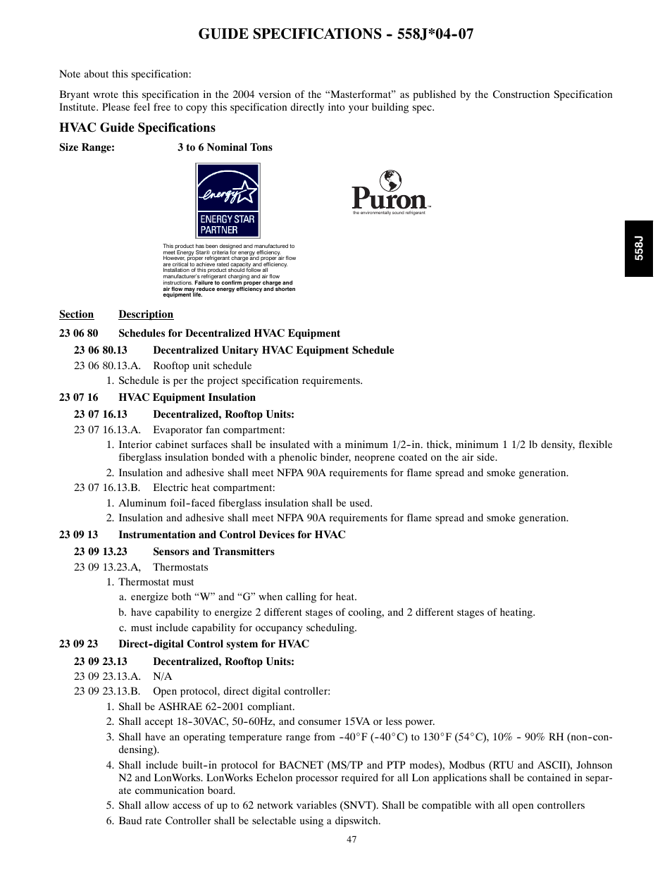 Guide specifications j*04, Hvac guide specifications | Bryant LEGACY 558J User Manual | Page 47 / 55