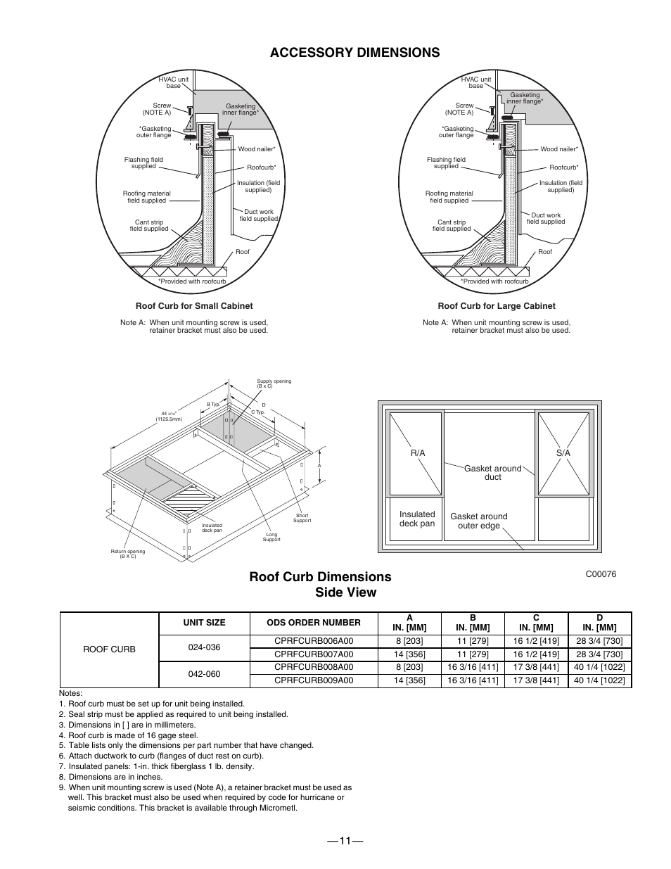 Accessory dimensions, Roof curb dimensions side view | Bryant 574B User Manual | Page 11 / 28