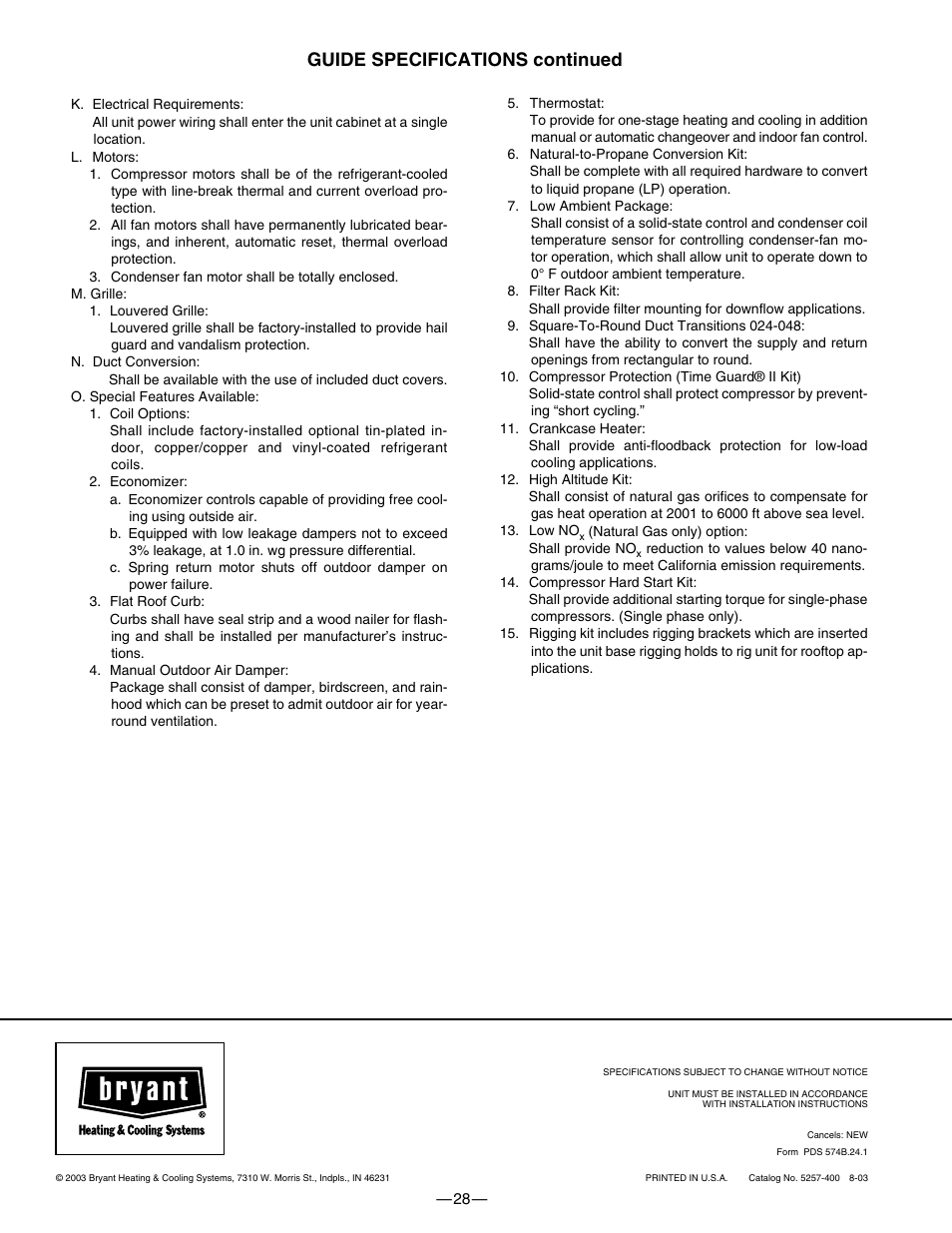 Guide specifications continued | Bryant 574B User Manual | Page 28 / 28