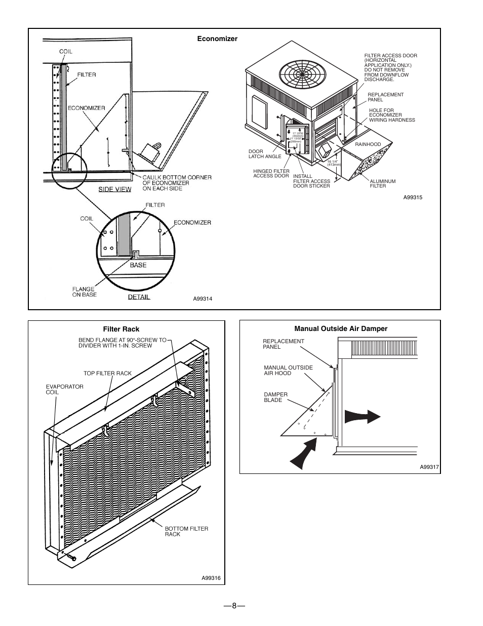 Filter rack, Manual outside air damper, Economizer | Bryant 574B User Manual | Page 8 / 28