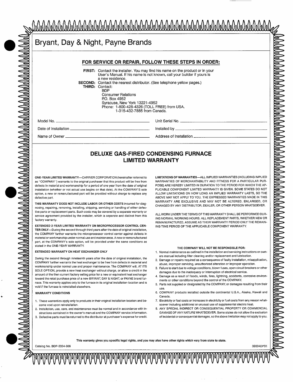 For service or repair, follow these steps in order, Bryant, day & night, payne brands | Bryant 349MAV User Manual | Page 11 / 14