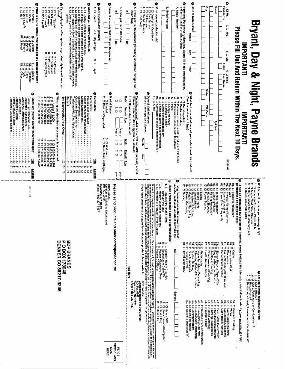 Bryant, day & night, payne brands, Important! important, Please fill out and return within the next 10 days | Important, 1__ l, 1 __ l —i, I_i_i _i_i .00, I i ii i ii i i, I_i_i—i_i_1.00 | Bryant 349MAV User Manual | Page 2 / 14