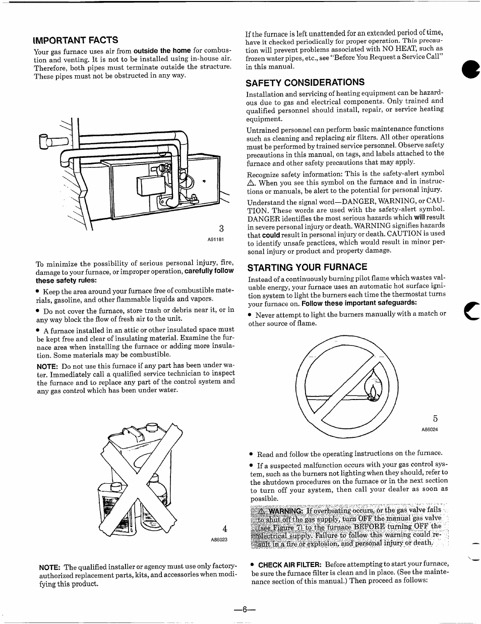 Important facts, Safety considerations, Starting your furnace | Bryant 349MAV User Manual | Page 6 / 14