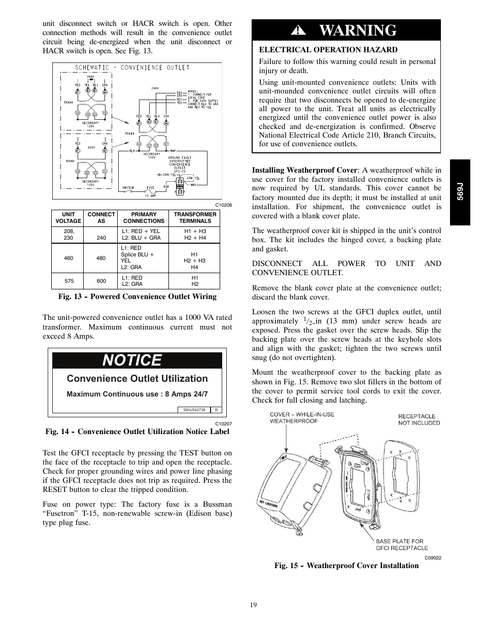 Warning, Notice, Convenience outlet utilization | Bryant 569J User Manual | Page 19 / 56