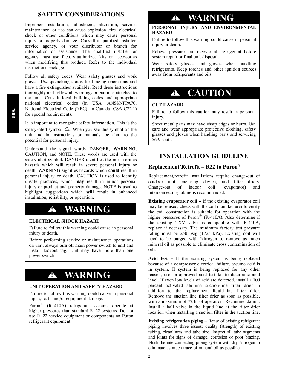 Warning, Caution, Safety considerations | Installation guideline | Bryant 569J User Manual | Page 2 / 56