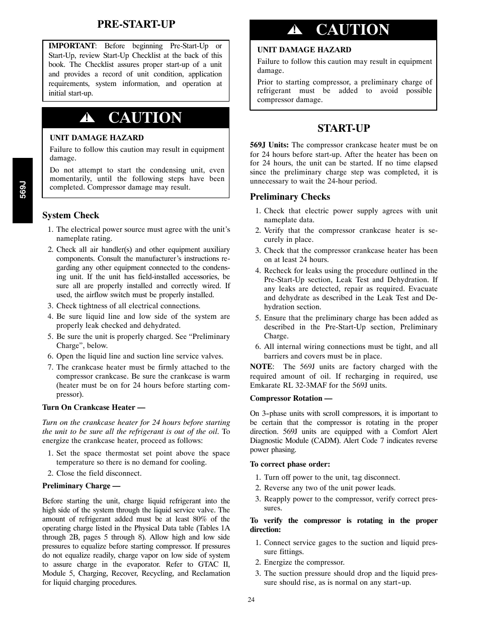 Caution, Pre-start-up, Start-up | Bryant 569J User Manual | Page 24 / 56