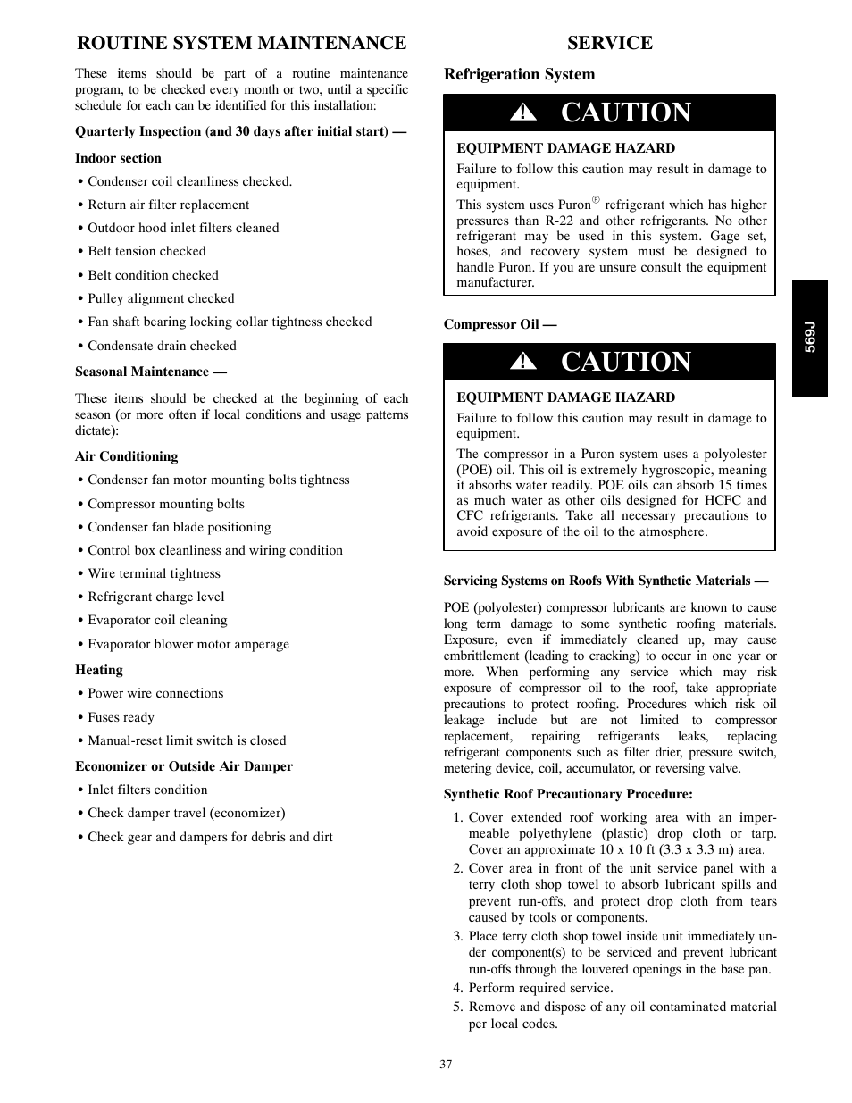 Caution, Routine system maintenance, Service | Bryant 569J User Manual | Page 37 / 56