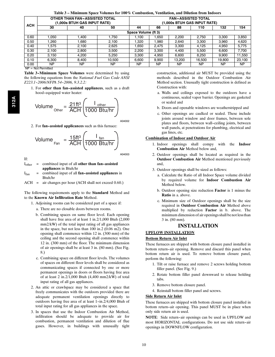 Volume, 21ft, Ach i | 1000 btu/hr, 15ft, Installation | Bryant 2-stage Deluxe Induced-Combustion 4-way Multipurpose 120 User Manual | Page 10 / 58