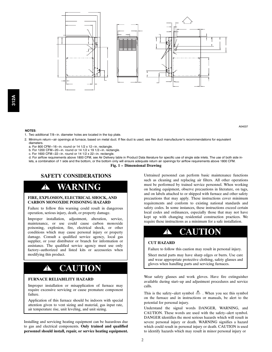 Warning, Caution, Safety considerations | 312a | Bryant 2-stage Deluxe Induced-Combustion 4-way Multipurpose 120 User Manual | Page 2 / 58