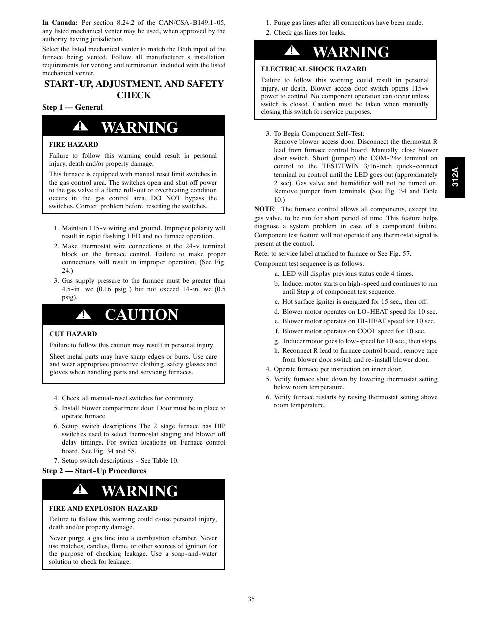 Warning, Caution | Bryant 2-stage Deluxe Induced-Combustion 4-way Multipurpose 120 User Manual | Page 35 / 58